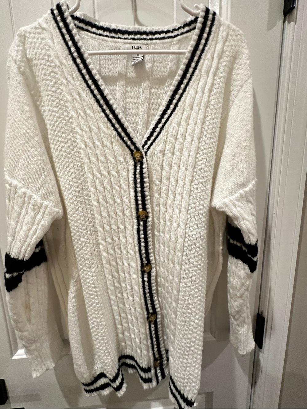 Rue21 Ivory Cable Knit Cardigan with Black Stripe Trim
